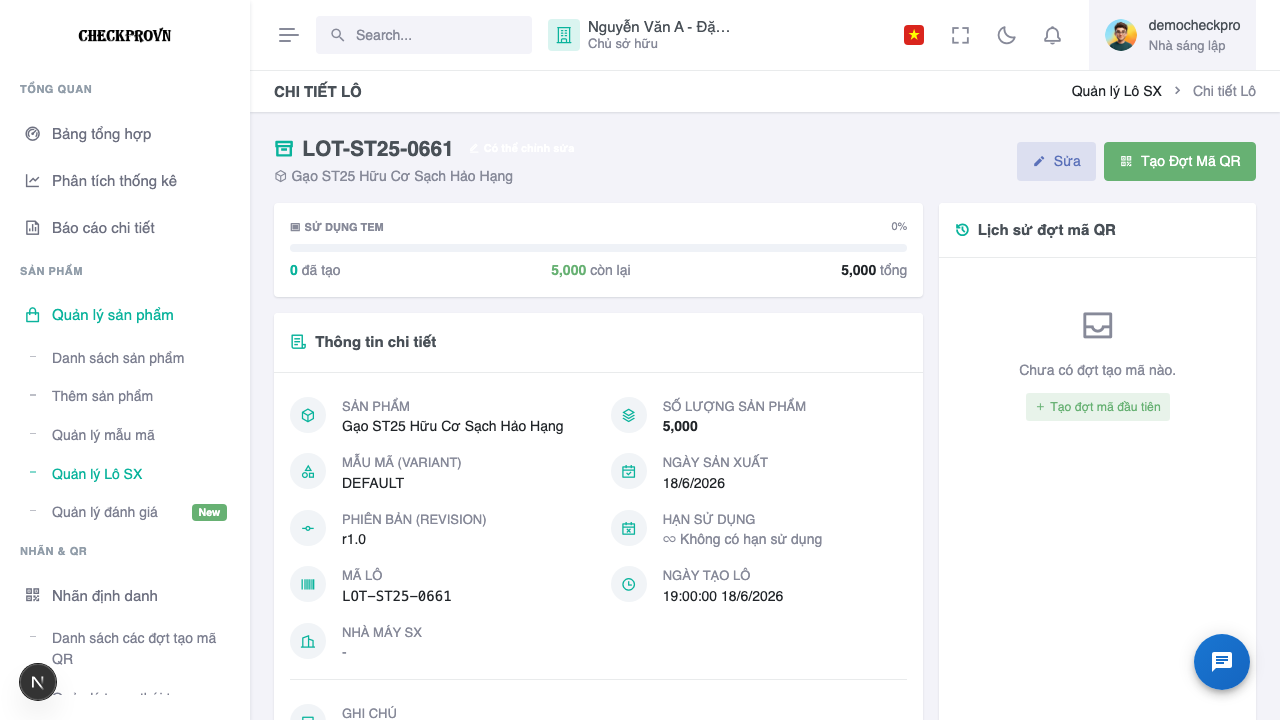 Giao diện chi tiết Lô sản xuất